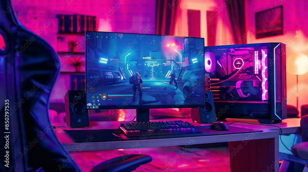 Computer Rig Game A detailed illustration of a powerful personal computer gamer rig with ...