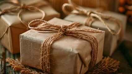 Poster - This Close-up of three gifts wrapped in brown paper and tied with twine.
