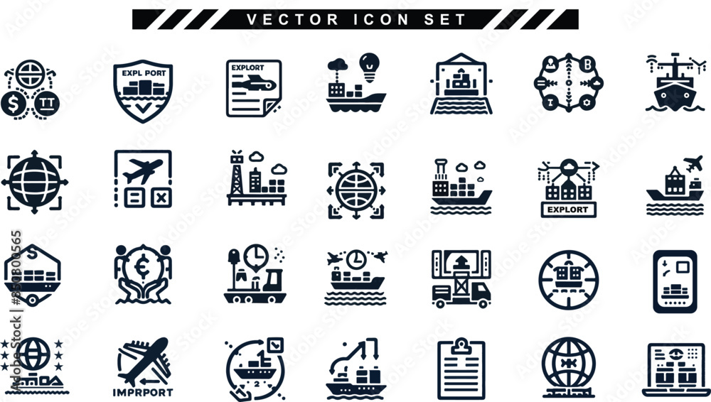 Export import icon collection set with supply chain, trade, customs ...
