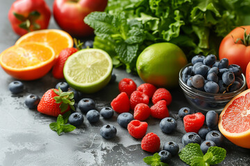 Wall Mural - ingredients for a smoothie made from fresh fruits, berries and vegetables on a stone table. healthy eating concept