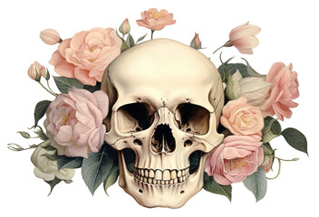 Sticker - PNG Antique skull rose art painting.