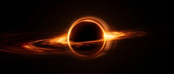 Black hole, intense dark singularity with faint light bending around its event horizon, minimalist black background emphasizing its gravitational power