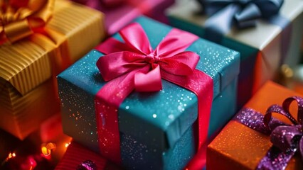 Poster - This Colorful Gift Boxes With Ribbons and Bows. Close-up of colorful gift boxes with ribbons and bows.