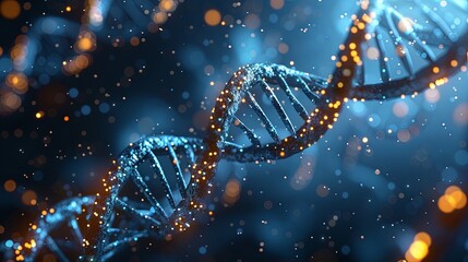 A shimmering DNA molecule with sparkling highlights against deep blue backdrop indicates medical research