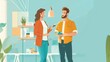 © Exnoi - House Renovation: Create an image of a couple renovating their home, with one person holding a Barclaycard while discussing the purchase of materials. The scene should be bright and hopeful.