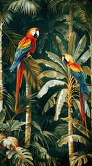 Wall Mural - Jungle mural wallpaper design with parrot, colorful design, tropical and exotic. AI generated illustration