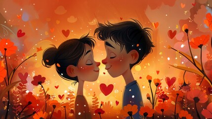 Wall Mural - Cartoon drawing of a young couple sharing a sweet kiss