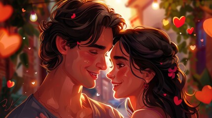 Young couple sharing a sweet kiss in a colorful cartoon illustration