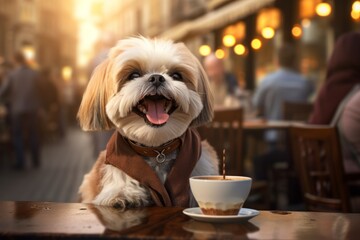 Wall Mural - Portrait of a smiling shih tzu while standing against bustling city cafe