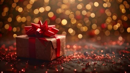 Poster - This golden gift box with a red bow sits on a table with red glitter and sparkling lights in the background.