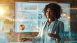 © mashimara - Young African-American woman presenting data in a modern office, highlighted by charts and graphs on a screen. Focus on business strategy and analysis.