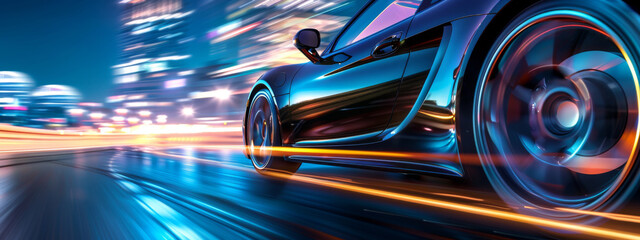 Close up of the side view of a car, driving on a highway at night with motion blur, in the style of high speed photography, with blue and amber colors.