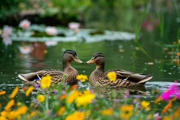 Sticker - Pair of mallard ducks floating on a tranquil pond with blooming water lilies