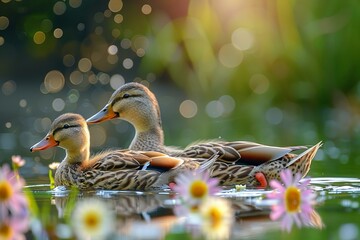 Poster - Two ducks glide on calm water amidst floating flowers during a golden sunset