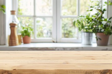 Wall Mural - Wooden kitchen table with background of window for product display. generative ai.