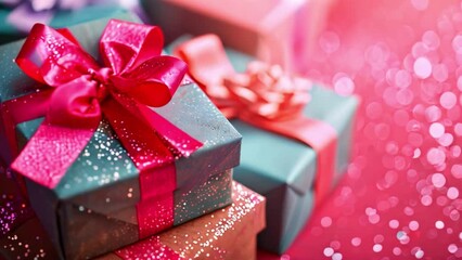 Poster - This close-up of gift boxes with pink ribbons and glitter on a pink background.