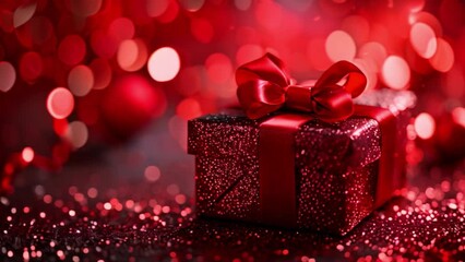 Poster - This Red Gift Box With Bow on Glitter Background During Festive Season
