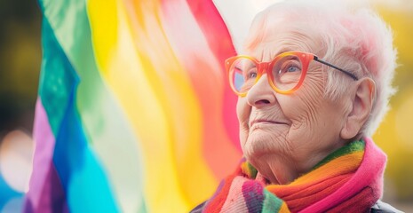 Wall Mural - Elderly individuals sitting together against a vibrant, multicolored background. Their bright and diverse attire, along with their joyful expressions, symbolize the spirit of LGBTQ+ pride.