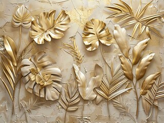 Wall Mural - Gold floral plants and palm leaves Wallpaper Mural, 3d illustration, grey background, abstract tropical leaves, banana leaves with 3d lines. AI generated illustration