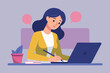 © COK House - girl sitting at a desk and working on a laptop. books and papers, as well as a pot with a plant and a cup. work remotely or at home