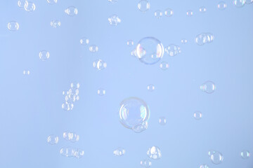 Poster - Beautiful transparent soap bubbles on light grey background