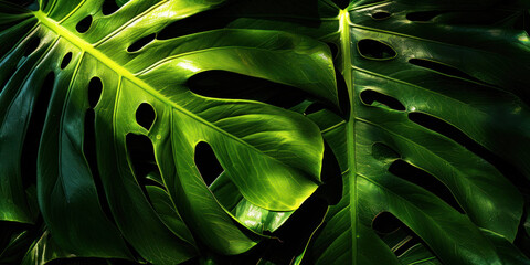 Poster - Tropical Monstera Leaf Shadows Dramatic Overlay on Dark Background