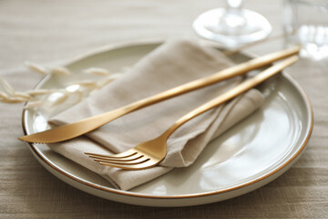 Stylish setting with cutlery, napkin and plate on light table, closeup