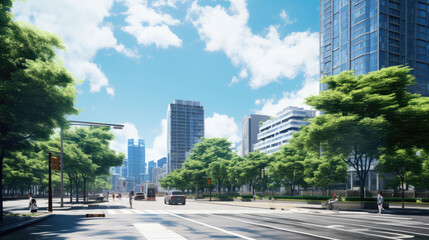 Sticker - Modern Urban Street with Skyscrapers and Trees