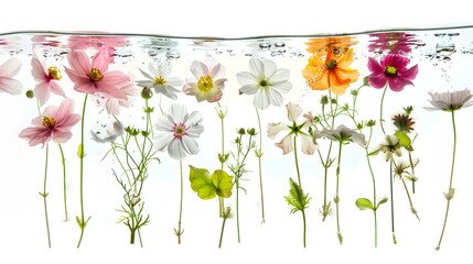 Wall Mural - set of underwater flower arrangements, featuring submerged blooms and floating leaves, isolated on transparent background