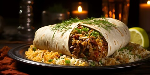 Wall Mural - Indulge in a tasty pork burrito with flavorful beans and aromatic Mexican rice. Concept Mexican cuisine, Pork burrito, Flavorful beans, Aromatic Mexican rice, Tasty indulgence