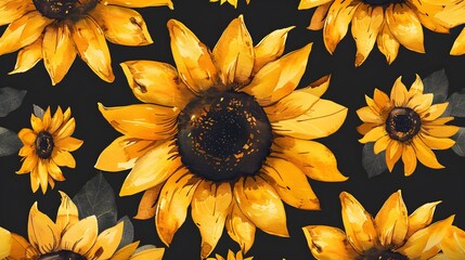 Wall Mural - Watercolor sunflowers summer vintage seamless pattern. Natural yellow floral texture on black background.