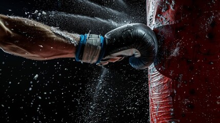 Powerful punch in action, boxer hitting heavy punching bag with force, water splashing dramatically in high intensity training moment.