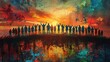 © Summit Art Creations - The image shows a group of diverse people standing together in front of a colorful sunset. The people are all raising their arms in joy and celebration. The image is meant to be inspiring and