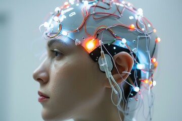 Poster - Futuristic brain interface concept with advanced technology and neural connections for cybernetic organism control and enhancement through innovative research in neuroscience and biotechnology