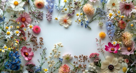 Wall Mural - Colorful Wildflowers Arranged In A Circle On A White Background