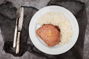 Poster - Baked meatloaf with boiled rice on plate