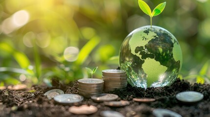 Wall Mural - green globe with world map and stack of silver coins the seedlings are growing on top concept of green business finance and sustainability investment carbon credit money saving investment