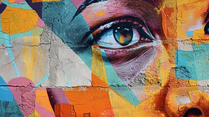 Wall Mural - A colorful painting of a woman's face with a green eye