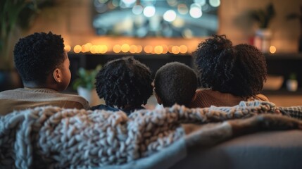 A family of four is sitting on a couch watching television