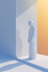 Poster - A white paper figure standing on a platform in front of the sun, AI