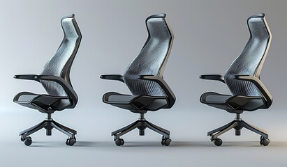 3D product rendering, office chair design with three views of the same style, grey and black colour scheme, plastic material, minimalist background