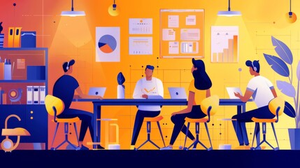 Poster - a group of people are sitting around a table in a room with a lot of charts