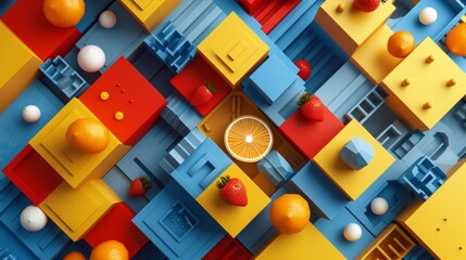 Wall Mural - A colorful building blocks with oranges and strawberries on them, AI