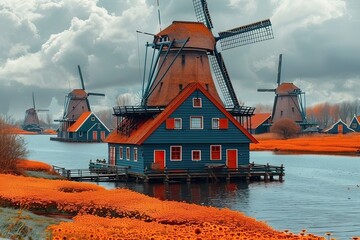 A tranquil scene of a blue house with red shutters reflecting in the water