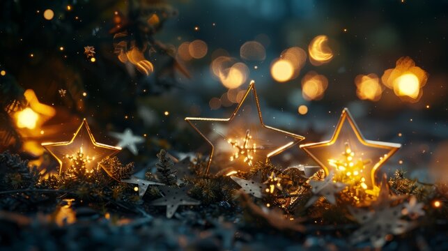 Golden Stars Illuminated in a Winter Wonderland
