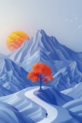 Wall Mural - A lone tree in a snowy landscape with mountains and sun, AI