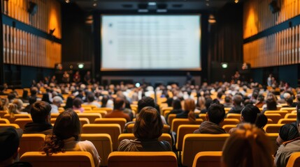 audience listening to seminar in conference hall with large cinema screen event photography