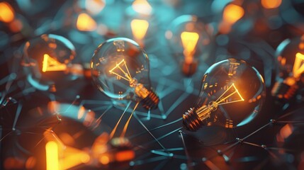 Poster - Glowing light bulbs forming a network, illuminating dark areas and showcasing the role of creativity in business breakthroughs.