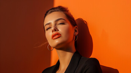 A fashion model pose for brand on clean orange background