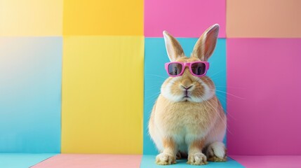 Hip bunny with chic sunglasses posed against a vivid, colorful backdrop, combining fashion and fun.